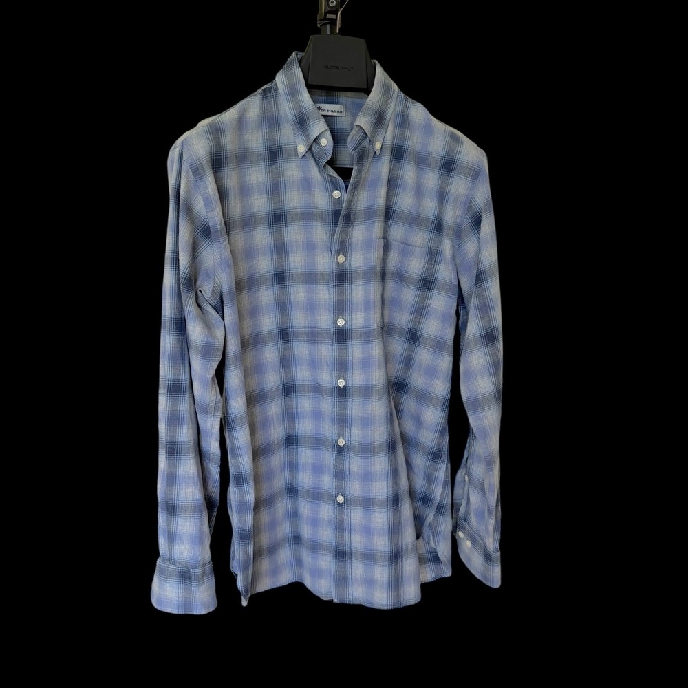 Peter Millar Blue Shadow Plaid Cotton Flannel Button Down Shirt Medium